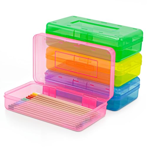 4E's Novelty Pacote com 4 caixas de lápis grandes, caixas de lápis de plástico rígido, sala de aula, estojo de lápis de cor transparente para crianças fofas com tampa apertada para meninos e meninas