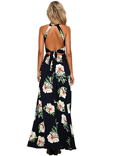 Zesica Women's Halter Neck Floral Print Backless Split Beach Party Maxi Dress, Dark Blue, Small #TOP3