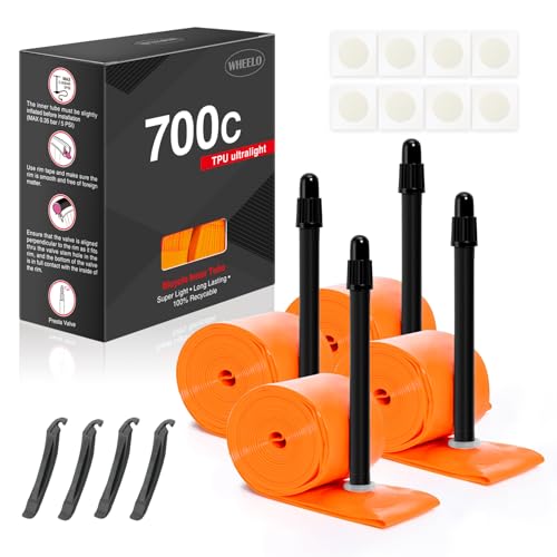 4-Pack WHEELO TPU 700C18-32C Bike Inner Tube Ultralight (ALLRoad & Gravel) Bike Tube with 65mm Presta Valves for Road Bike (Include Bike Tube Patch Repair Kit) Orange