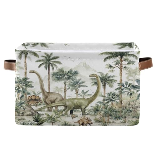 Dinosaur Palm Trees White Rectangular Storage Bin Basket with Handles - Organizer Bin for Books Clothes Laundry Basket for Pets Playroom