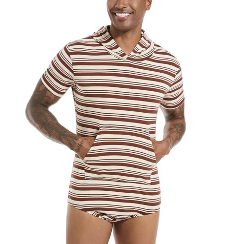 Mens Stripe Onesie Short Sleeve Hooded Romper Pajama One Piece Bodysuit4