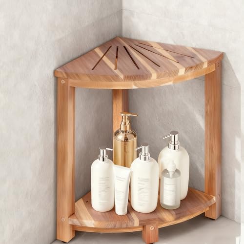 Bathroom Corner Shower Stool with Storage Shelf Shower Feet Stool Non-Slip Adjustable Feet Drain Holes for Shaving Legs SpacemSaving Shower Bench with Storage for Small Spaces