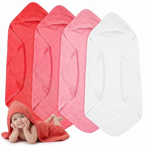 Image of Peryiter 4 Pcs Muslin Hooded Baby Towels, 32 inchx 32 inch Cotton Newborn Bath Towel Muslin Infant Baby Blankets Absorbent Unisex Newborn Registry Gift Essentials for Girls Boys (Warm Colors)