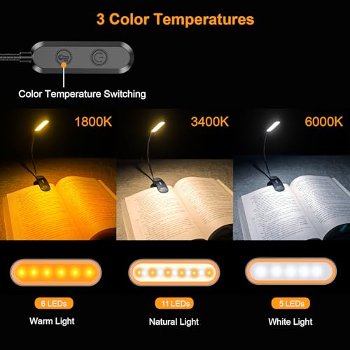 Gritin Leselampe Buch Klemme mit 11 LEDs, LED Buchlampe USB C Wiederaufladbar, 3 Helligkeitstufen & 3 Farbtemperatur Modi Klemmleuchte, 360° Flexibel Klemmlampe für Nachtlesen ins Bett
