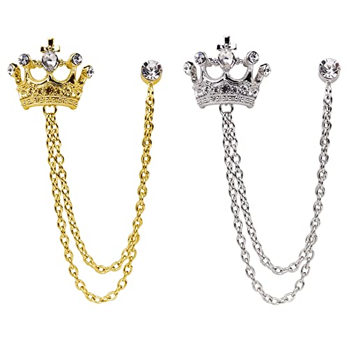 Broche de cadena colgante de corona de cristal, broche de corona dorada vintage, tachuelas de traje, tachuelas de camisa, accesorios de pin de solapa para hombres y mujeres, metal, diamantes de