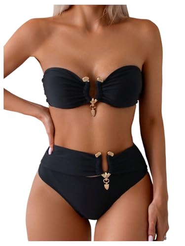 SOLY HUX Women's Bandeau Bikini High Waisted Two Piece Swimsuits Strapless Bathing Suit Swimwear