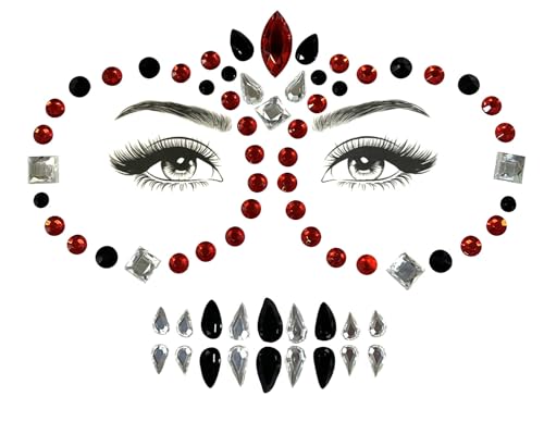 Day of the Dead Face Jewels, Day of the Dead Makeup Face Gems Stickers Crystals, Halloween Face Jewels Tattoo Festival Make up Kit Costume for Women Men (1Piece, Red and Black C)