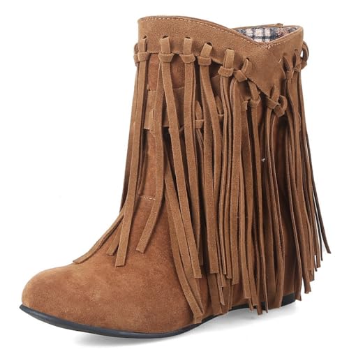 Cowboy Boots for Women - Fringe Suede Ankle Cowgirl Booties Pull-On Round Toe Lightweight Breathable Leather Retro Comfort Wear Walking Shoes Non Slip Heel with Arch Support