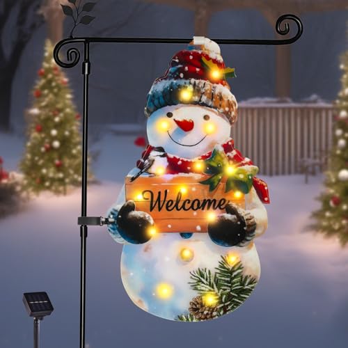amadecohome Lighted Christmas Garden Flag12x18, 8 Modes Double Sided Solar Christmas Decorations Outdoor LED Navidad Flag, Yard Decorations for Xmas Patio Lawn Porch (Big Snowman Warm White 12x18)