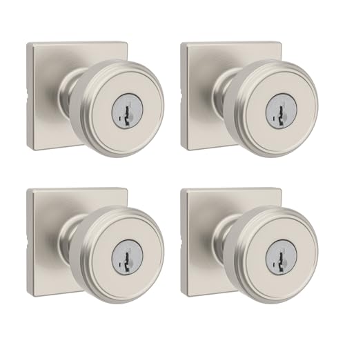 Image of Kwikset Maven Entry Door Knob with Lock and Key, Secure Keyed Handle Exterior, Front Entrance and Bedroom, Satin Nickel, 4 Pack, Pick Resistant SmartKey Rekey Security and Microban
