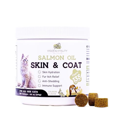 Vigor & Vitality Pets Health Salmon Oil Skin & Coat Care Cat Supplements, Chews, Treats with Omega 3, 6, 9,135 Chews (Salmon Flavour)