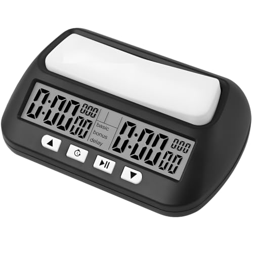 Jonuin Chess Clock Black Digital Chess Timer with Alarm Multifunction Portable Chess Clock Timer with Basic Bonus Delay and Positive Time for Board Games Powered by AA Batteries