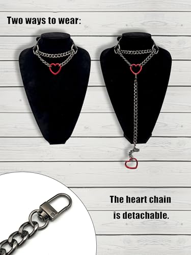 Heart O-Ring Slip Chain Choker Collar Necklace for Women, Adjustable Vegan Leather Punk Necklace with Swivel Clasp & Heart Charm4