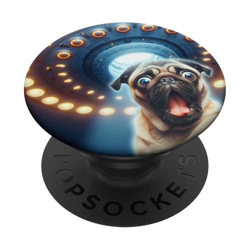 Selfie drôle de carlin avec des ovnis extraterrestres soucoupes volantes enlèvement PopSockets PopGrip Adhésif