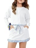 APWEQATA Gilrs Outfits Color Block Ruffle Long Sleeve Shirts and Drawstring Short Sets Comfy Kids 2 Pcs Sweatsuits(White,150)