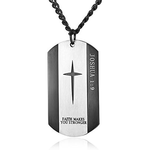 REVEMCN Black Silver Stainless Steel Bible Verse Cross Dog Tag Pendant Necklace for Men, 24-28 Inches Chain (24, JOSHUA 1:9 - Black) Cover