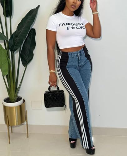 Women's Jeans Trendy Wide Leg High Waist Striped Stretch Casual Loose Fit Long Pants Blue Black S4