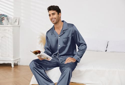 Image of U2SKIIN Mens Silk Pajamas Set, Long Sleeve Satin Pajamas for Men Sleepwear Button Down Pjs Set Two-piece