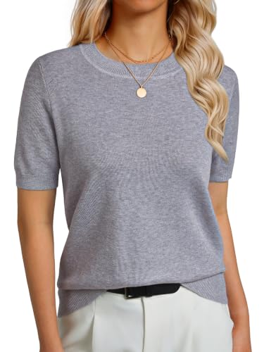 GKBK Womens Sweaters Short Sleeve Wool Blend Knit Summer Tops Soft Pullover Business Casual Outfits for Women 2026 Fashion Trendy Gray XL