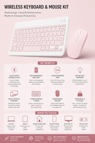 Image of Wireless Bluetooth Keyboard and Mouse Combo, Rechargeable Slim Multi-Device Keyboard with Bluetooth, Mouse with Bluetooth & 2.4G USB Receiver. (Baby Pink)