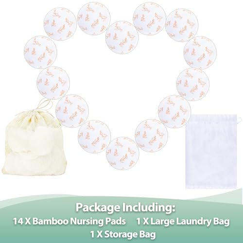 Image of wegreeco Nursing Breast Pads (14 Pack) + Laundry Bag & Travel Storage Bag, 4.7 inch Option - Washable & Reusable Breastfeeding Nursing Pads (Leaf, Large, Plain Shape)