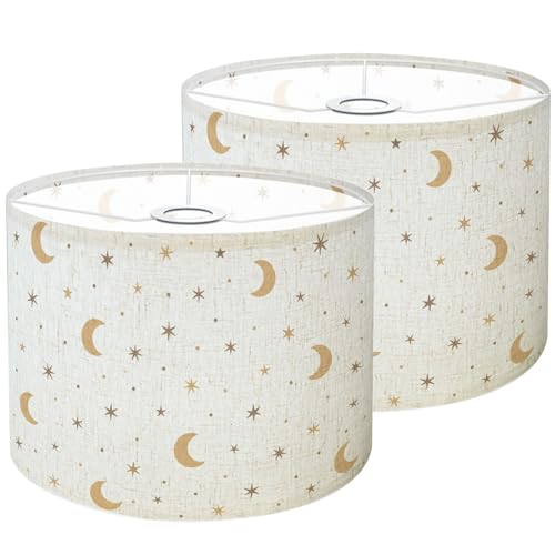 Lamp Shades Set of 2 Kids bedroom pastel moon stars Baby boho Nursery baby textile Drum Lamp Shades for Table Lamps Floor Lamps Pendant Light 8.9"x11"x11" Replacement Large Linen Lampshades