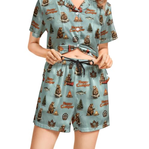 Image of Funny Satin Pajamas Set for Women Button Down Sleepwear Print Pjs Set 2 Piece Short Sleeve Loungewear Gift for Women