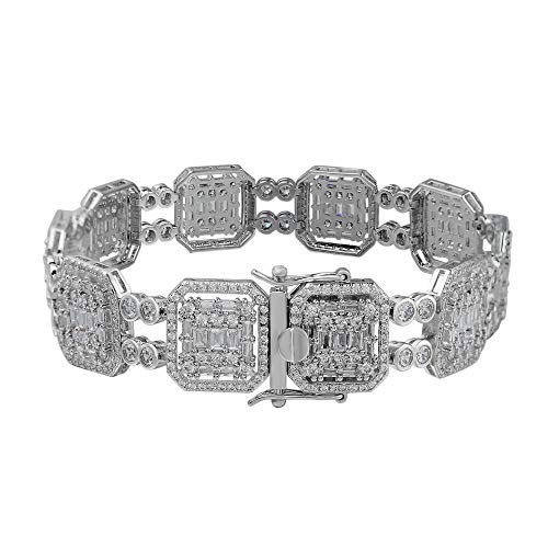 HarlemBling Solid 925 Sterling Silver Men's Custom Baguette Bracelet - Iced Flooded Out Micropave Cz - Super ICY 16mm Mens Hip Hop Bracelet 8.5