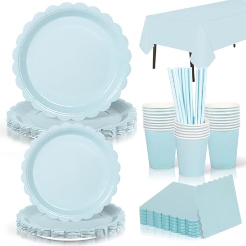 Yidaxing Vaisselles Jetables Anniversaire Bleu Clair, Assiettes Jetables Bleu Ciel Gobelets Pailles Serviettes Nappe pour Décoration Fête de Mariage Anniversaire Baby Shower,16 Invités