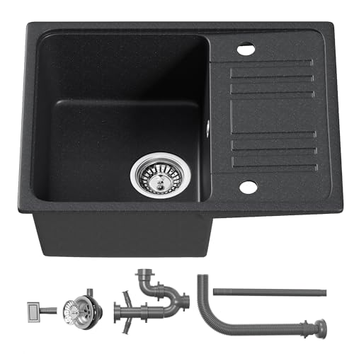 HOROW Fregadero de granito en negro, 1 lavabo empotrable, 57 x 45 cm, fregadero de cocina con instalación reversible, moteado, fregadero con sifón y desagüe