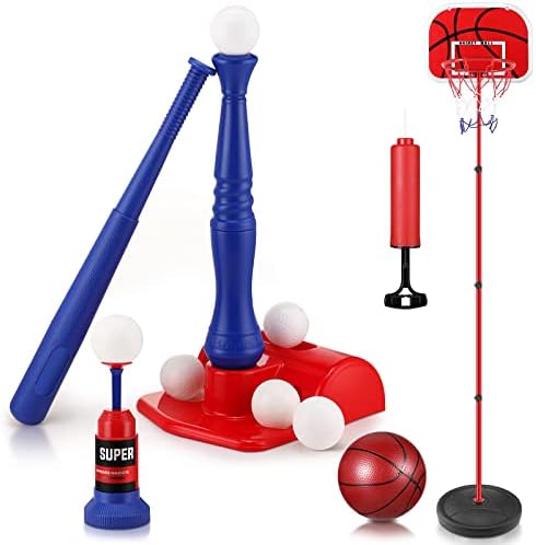 14 Pieces Kids Basketball Hoop and Tee Ball Set, Includes 4.9 Feet Basketball Goals with Ball and Pump, 6 Balls Batting Tee Baseball Bat Pitching Machine for Boys Girls Sports Outdoor Backyard Games