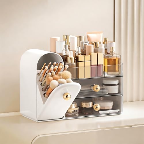 Image of HBlife Makeup Organizer Countertop with Drawers, Vanity Organizers with Brush Holder, Bathroom Counter Organizer for Perfume, Nail Polishes, Lipsticks, Skincare and Eyeshadow Palettes, White and Clear
