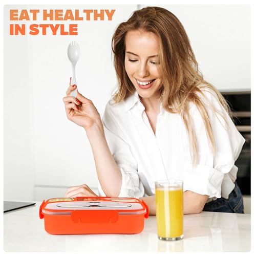 Image of EASYFUN Bento Box Adult, Lunch Box, 4-Compartment Lunch Containers, Drop-Proof, Dishwasher Safe & Made with BPA-Free Materials (Orange)