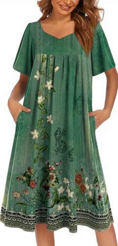Ekouaer Women's Nightgown Pleated House Dress Short Sleeve Mumu Dress with Pockets Lounge Dress