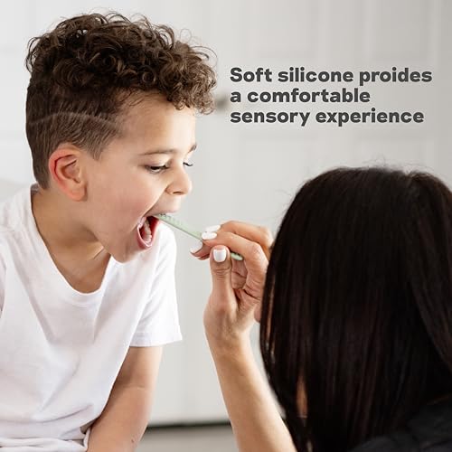 Image of ezpz Sensory Tongue Depressors - All Ages (2 Pack in Sage /Pewter) - Silicone /Stainless Steel Tongue Depressor for Visibility Into The Mouth + Healthy Oral Care Routine