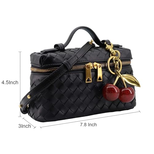 Image of Woven Crossbody Bags for Women Trendy Clutch Purse Bag Small Top Handle Leather Handbag with Cherry Charm (Black)