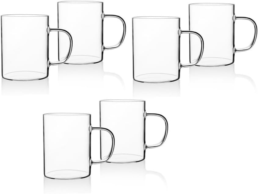 Borosilikat Cam 6'lı Kupa Seti, Ergonomik Saplı, Düz Tabanlı, Pürüzsüz Kenarlı, İnce Tasarımlı, Sıcak İçecekler İçin, 200ml