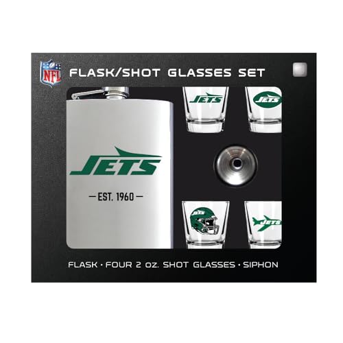 New York Jets Flask Gift Set - 1 Flask and 4 Shot Glasses