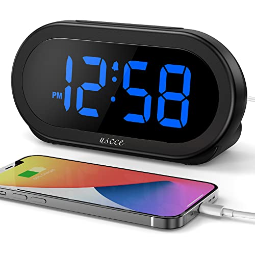 Uscce Small Digital Alarm Clock With Usb Port For Charging, 0-100% Adjustable Brightness Dimmer, Blue Digit Display, Alarm Volume With 5 Alarm Sounds, 12/24Hr, Snooze, Compact Alarm Clock For Bedroom #TOP2