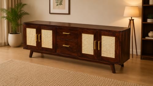 Image of Space Galaxy Solid Sheesham Wood TV Unit with Cane Rattan Doors | 4 Door Entertainment Cabinet with 2 Drawers | Wooden Media Console & Storage Stand for Living Room, Bedroom & Home | Walnut Finish