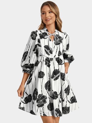 Image of EZAPINE Women Floral Babydoll Mini Dress V Neck 3 /4 Puff Sleeves A Line Flowy Swing Summer Sun Dresses