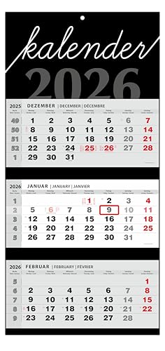 JAROGRAF Wandkalender 2026 – 3-Monats-Kalender mit praktischem Wandplaner für effiziente Jahresplanung, Feiertage, Schulferien und wichtige Termine (Grau) Dreimonatskalender