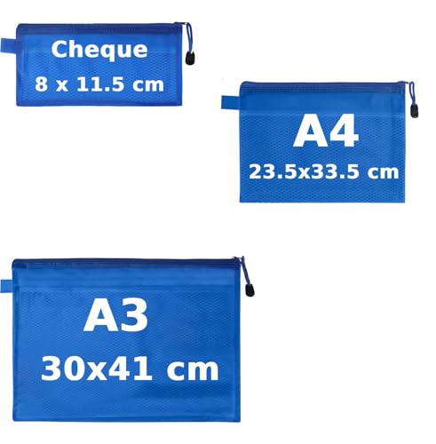 Image of Zipper Pouch Waterproof Plastic Pouches for Travel, Document and Cosmetics | Transparent Mesh Zipper Pouches for Stationary (Pack of 5, A3, A4 and Cheque Size Combo)