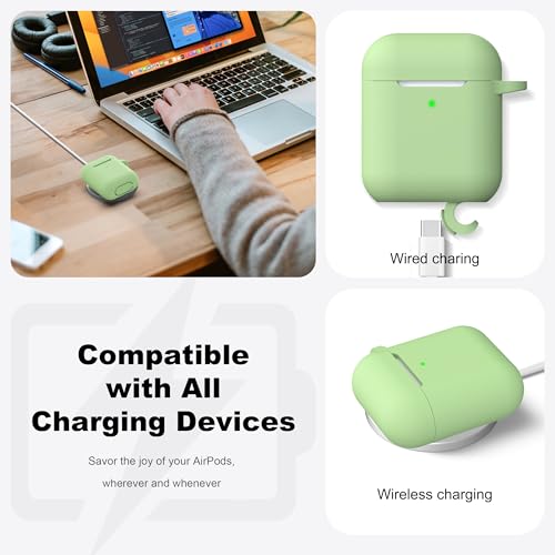 Image of AirPods Case Cover with Keychain, Full Protective Silicone AirPods Accessories Skin Cover for Women Girl with Apple AirPods Wireless Charging Case,Front LED Visible-Avocado