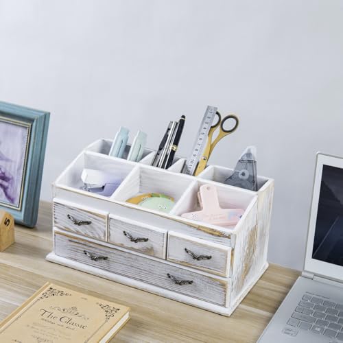 MyGift 7-Compartment Shabby Whitewashed Solid Wood Jewelry/Cosmetics Vanity Organizer Rack with 4 Vintage Storage Drawers - Image 9