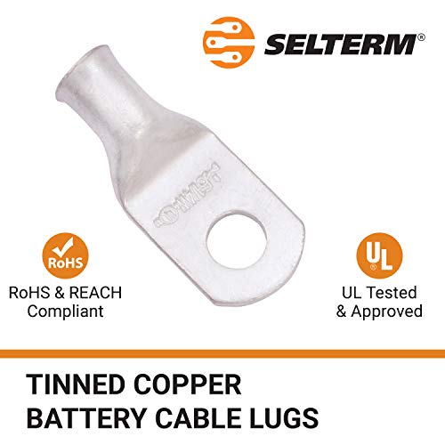 SELTERM 10pcs 6 AWG-1/4" Stud (Wide Pad) Tinned Copper Wire Lugs,Heavy Duty Battery Cable Ends,6 Gauge Ring Terminals,UL Battery Lugs Marine Grade Copper Eyelets Electrical Battery Terminal Connectors