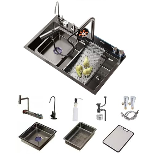 FIVIXIL Pia de cozinha lava-louças em cascata dupla integrada com ecrã LED e luz ambiente com lava-copos, dispensador de sabão, escorredor de controlo de mesa, etc (pistola cinzenta, 80 * 45 * 22 cm)