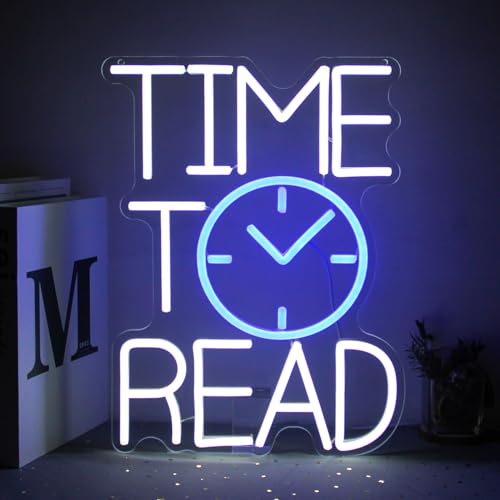 Image of Time To Read Neon Sign Read Books Neon Lights for Bedroom Bookstore Decor | White Letter LED Signs, Blue Clock Neon Read Light Up Sign, Dimmable Acrylic Wall Art, USB Powered, Reading Corner Decor