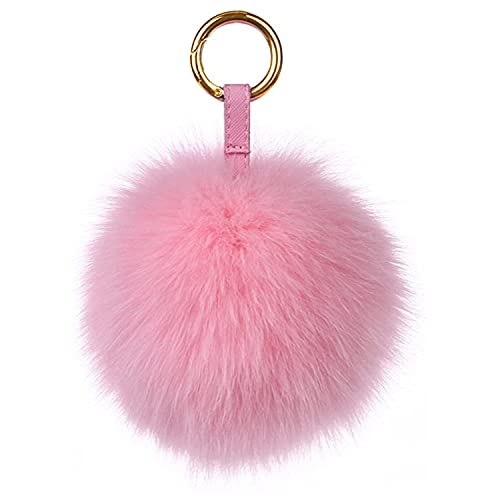 Damen Fuchspelz Pom Pom Ball Echtfell Fell Pelz Bommel Schlüsselanhänger Taschenanhänger Schlüssel- Taschen- Fellanhänger Pelz-Anhänger für Handtaschen, Rückspiegel im Auto (Rosa) Cover