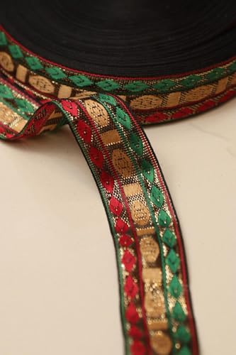 Image of Banarasi Silk Border Lace for Saree, Dupatta, Lehenga, Suit, Blouse & Home Furnishing, Crafting DIY (Green Red Gold, 9 Meters x 2 Inch)